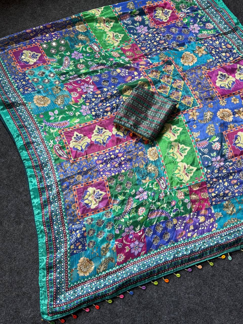 Ajrakh Print Soft Satin Saree with Real Mirror Work & Fancy Moti Latkan Pallu