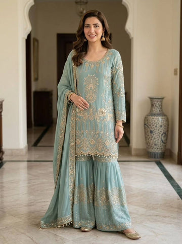 Pastel Blue Designer Embroidered Top Sharara & Dupatta Set