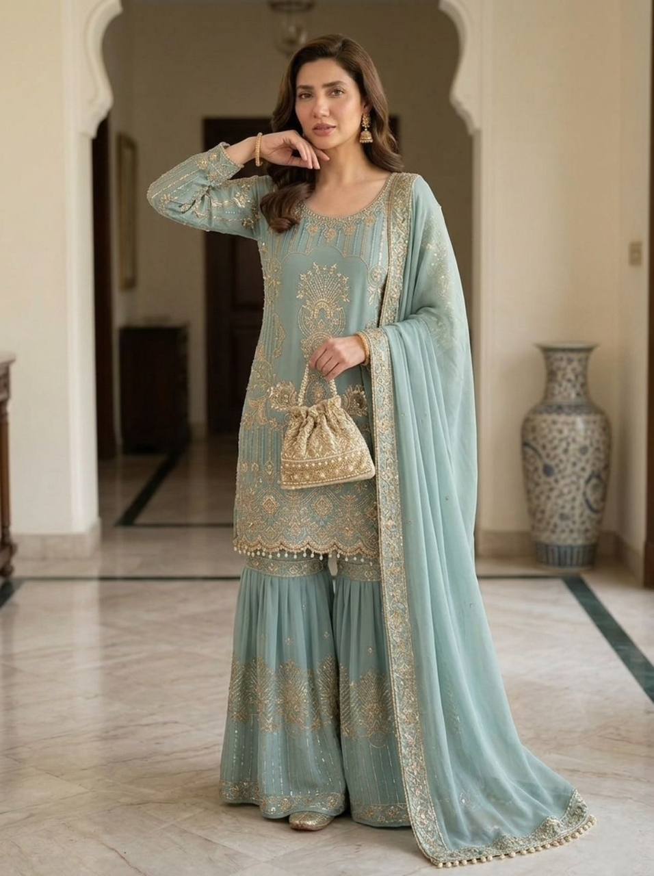 Pastel Blue Designer Embroidered Top Sharara & Dupatta Set