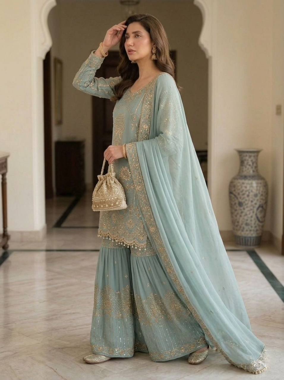 Pastel Blue Designer Embroidered Top Sharara & Dupatta Set