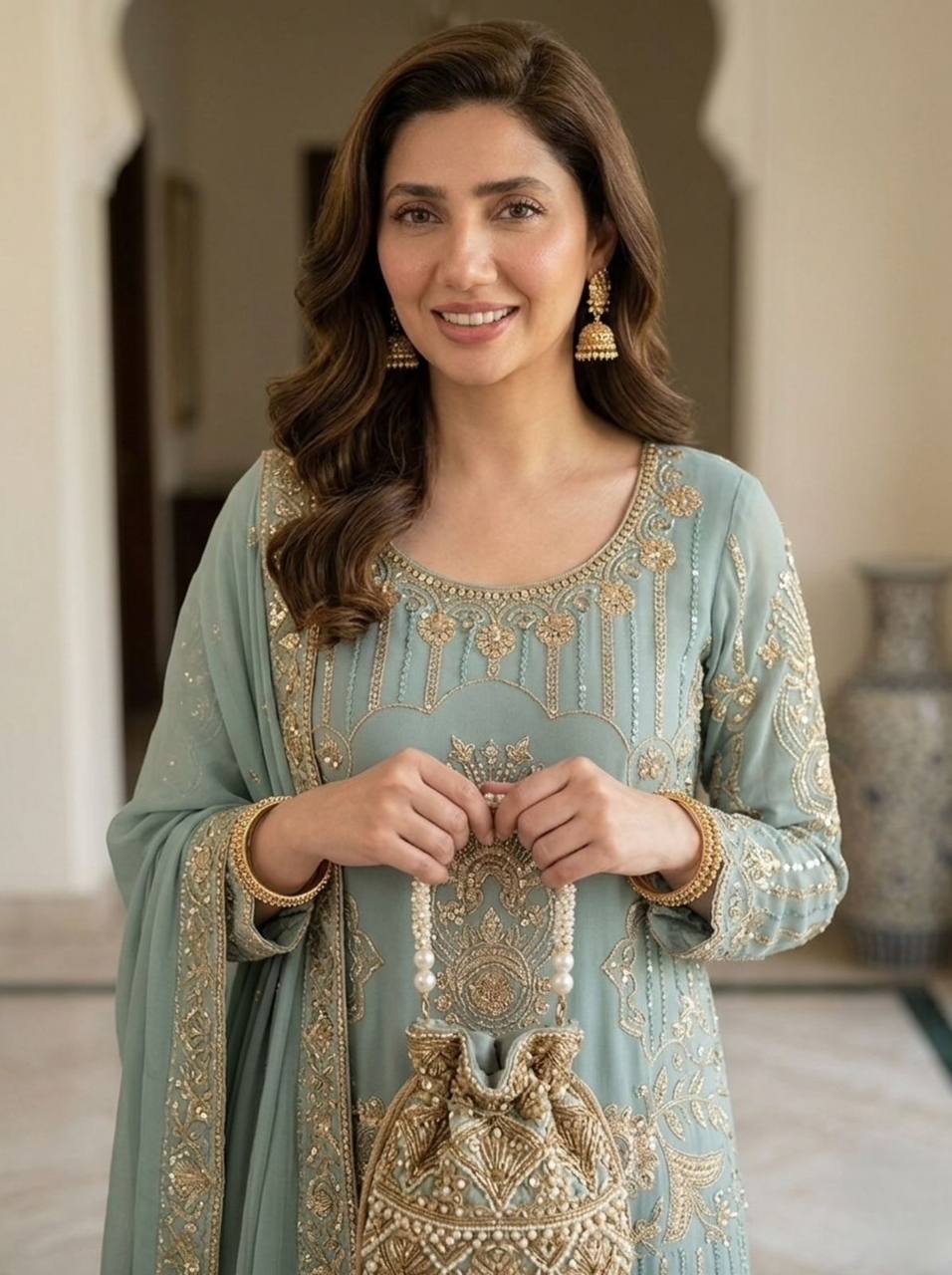 Pastel Blue Designer Embroidered Top Sharara & Dupatta Set