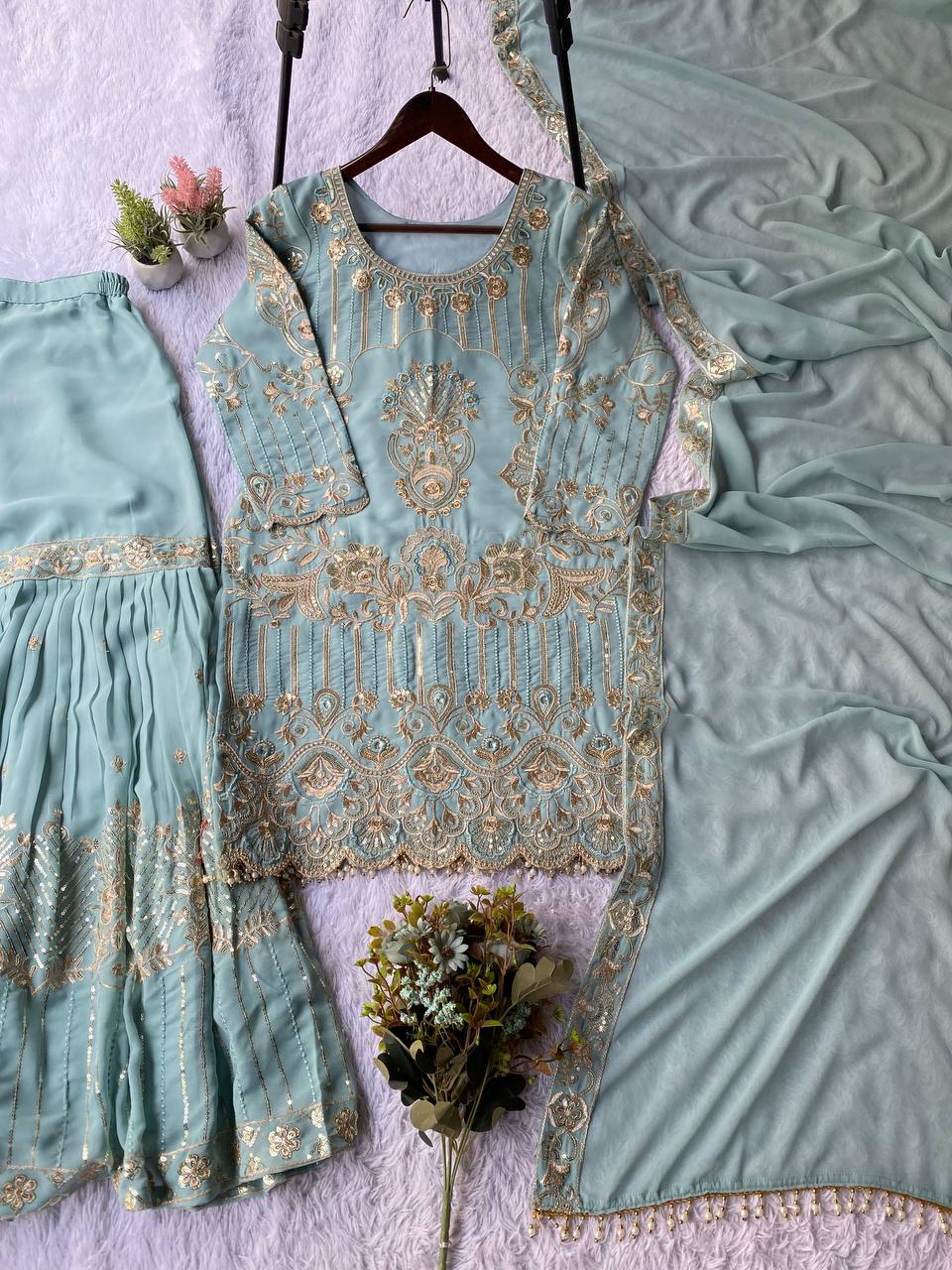 Pastel Blue Designer Embroidered Top Sharara & Dupatta Set