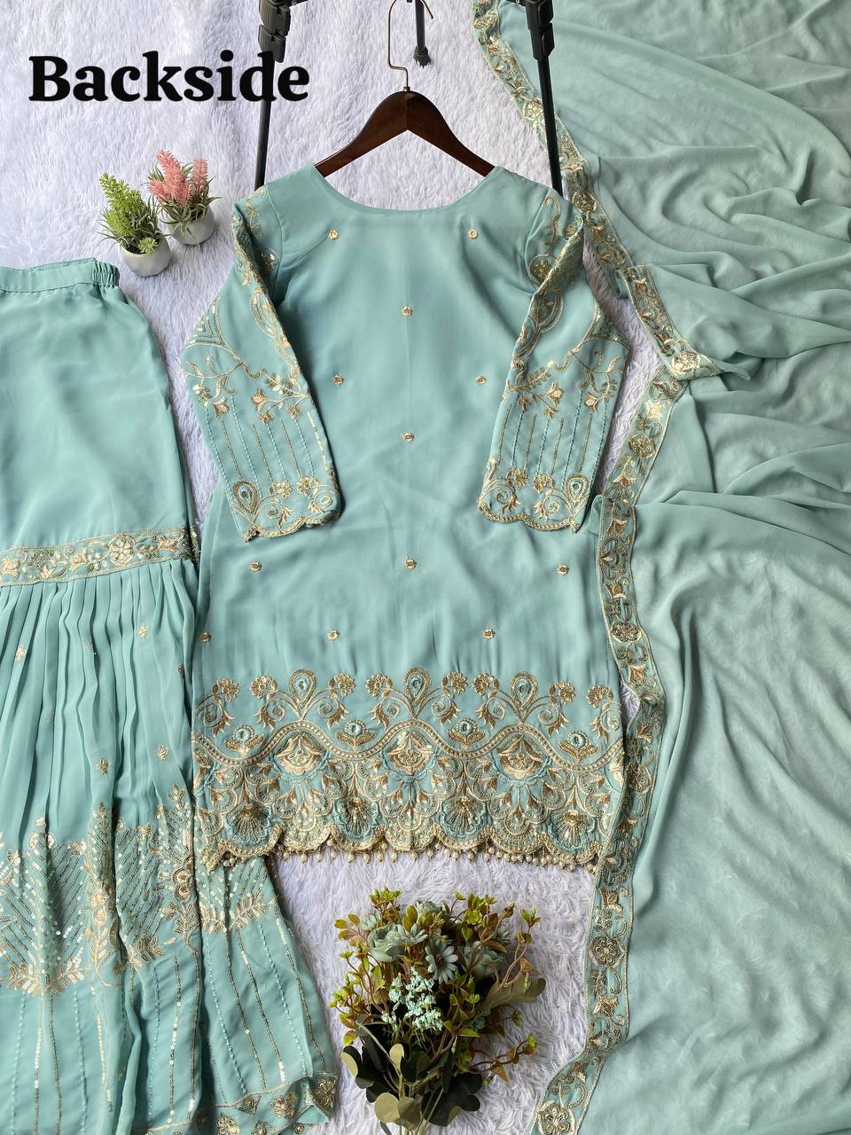 Pastel Blue Designer Embroidered Top Sharara & Dupatta Set