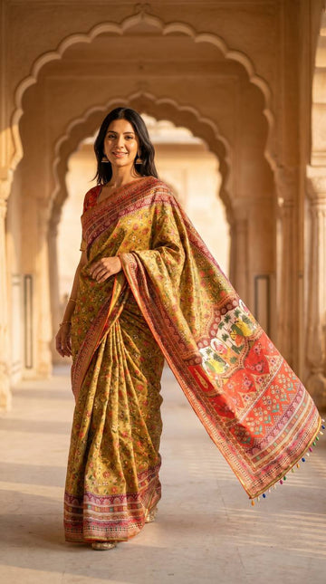 Women's Olive Green Soft Satin Floral Print Saree with Designer Ethnic Pallu & Multicolor Latkan Tassels