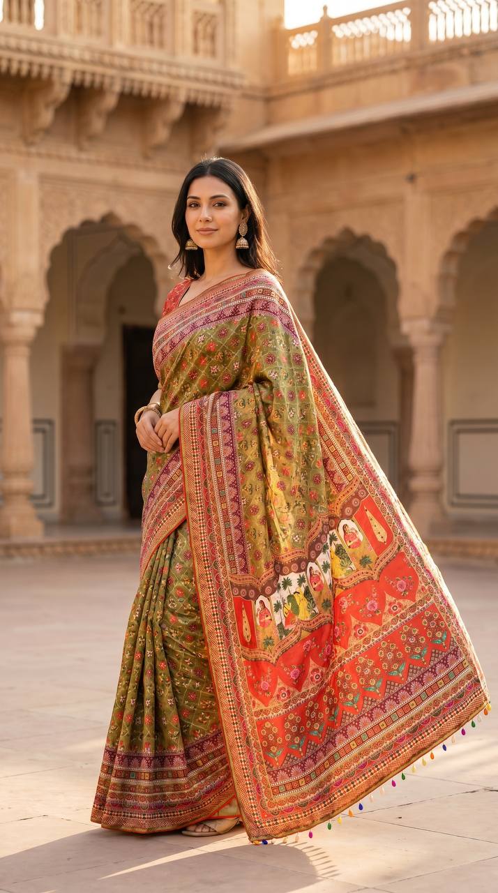 Women's Olive Green Soft Satin Floral Print Saree with Designer Ethnic Pallu & Multicolor Latkan Tassels