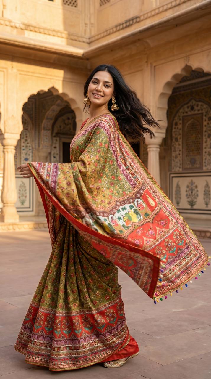Women's Olive Green Soft Satin Floral Print Saree with Designer Ethnic Pallu & Multicolor Latkan Tassels