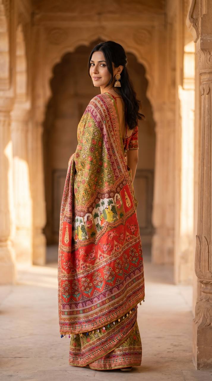 Women's Olive Green Soft Satin Floral Print Saree with Designer Ethnic Pallu & Multicolor Latkan Tassels
