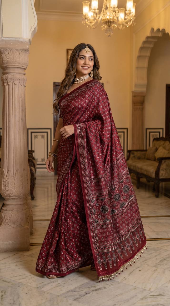 Ajrakh Print Wine colour Satin Saree with Mirror Work