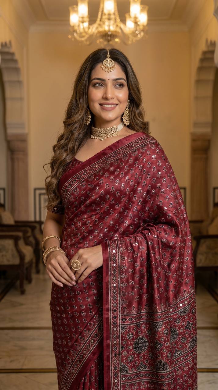Ajrakh Print Wine colour Satin Saree with Mirror Work