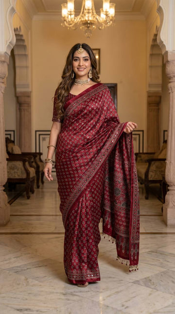 Ajrakh Print Wine colour Satin Saree with Mirror Work