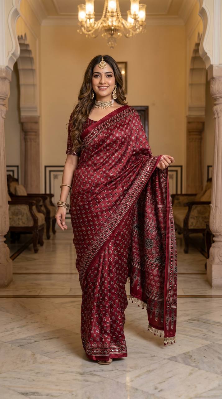 Ajrakh Print Wine colour Satin Saree with Mirror Work