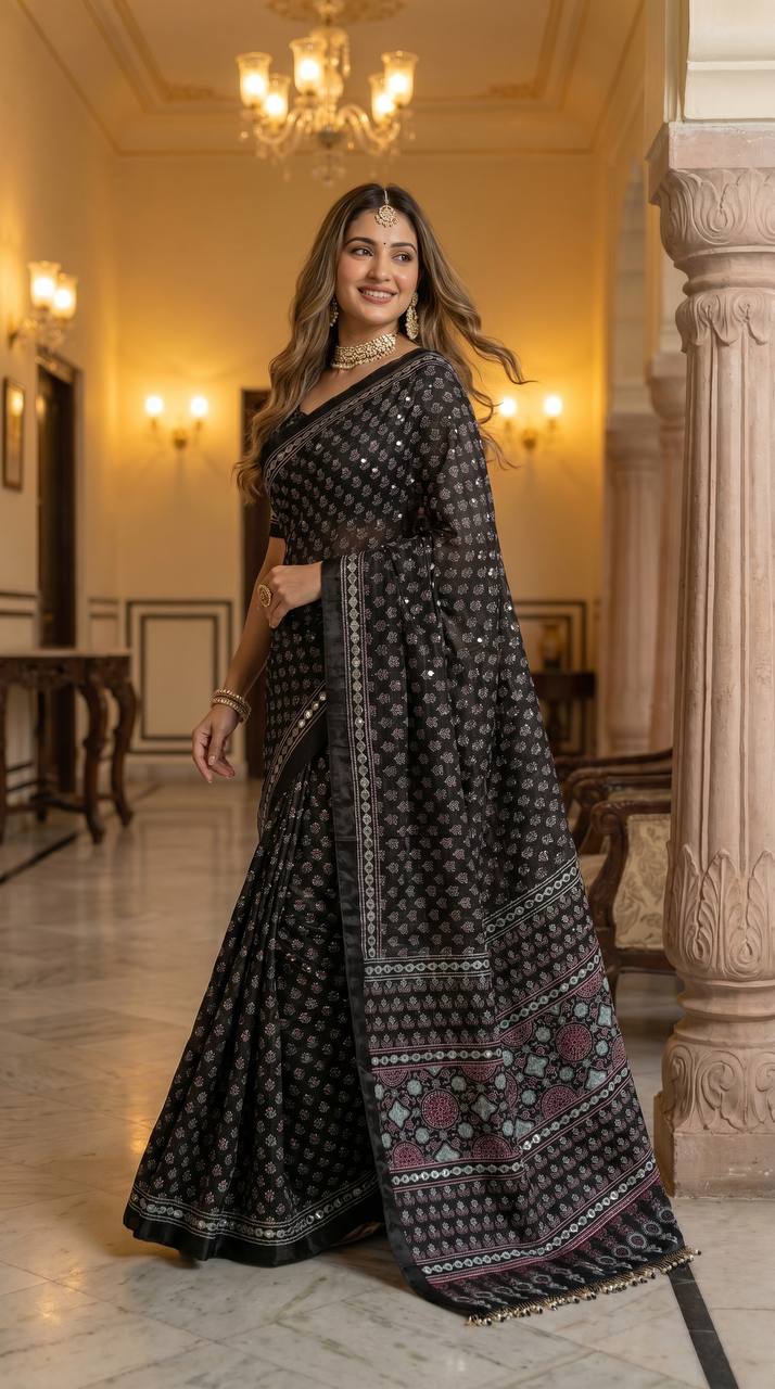 Ajrakh Print Black Satin Saree with Mirror Work