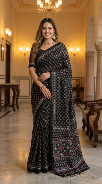 Ajrakh Print Black Satin Saree with Mirror Work