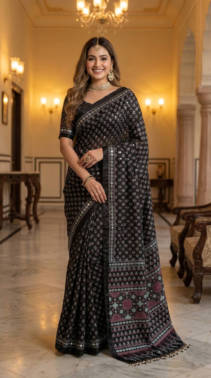 Ajrakh Print Black Satin Saree with Mirror Work