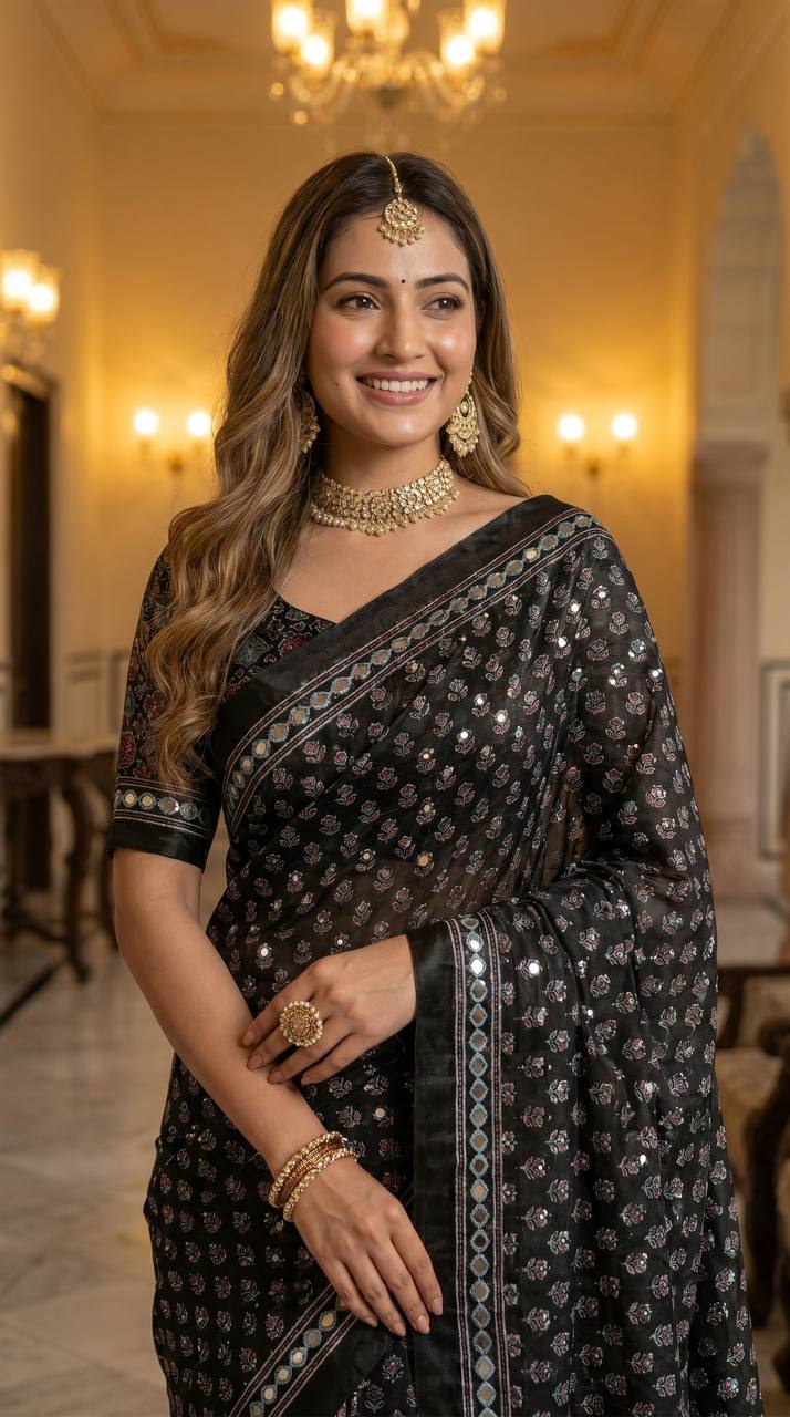 Ajrakh Print Black Satin Saree with Mirror Work