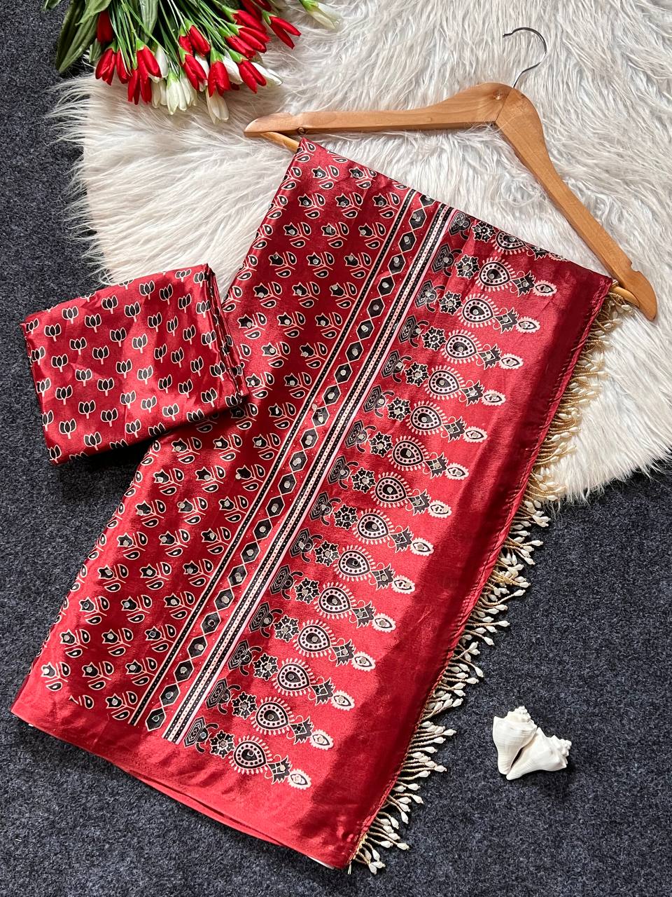 Ajrakh Print Wine colour Satin Saree with Mirror Work
