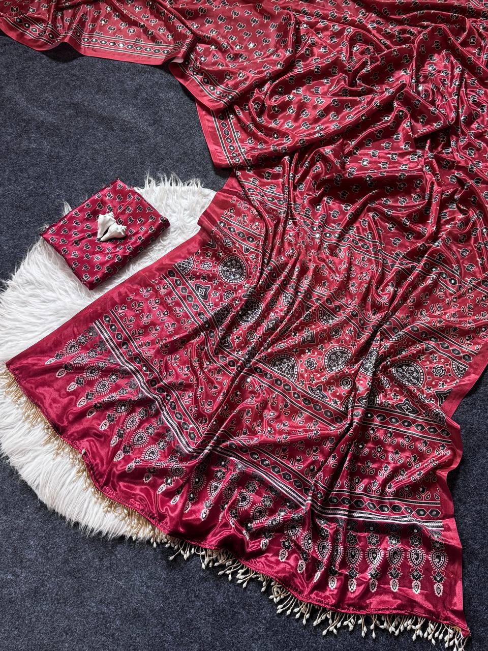 Ajrakh Print Wine colour Satin Saree with Mirror Work