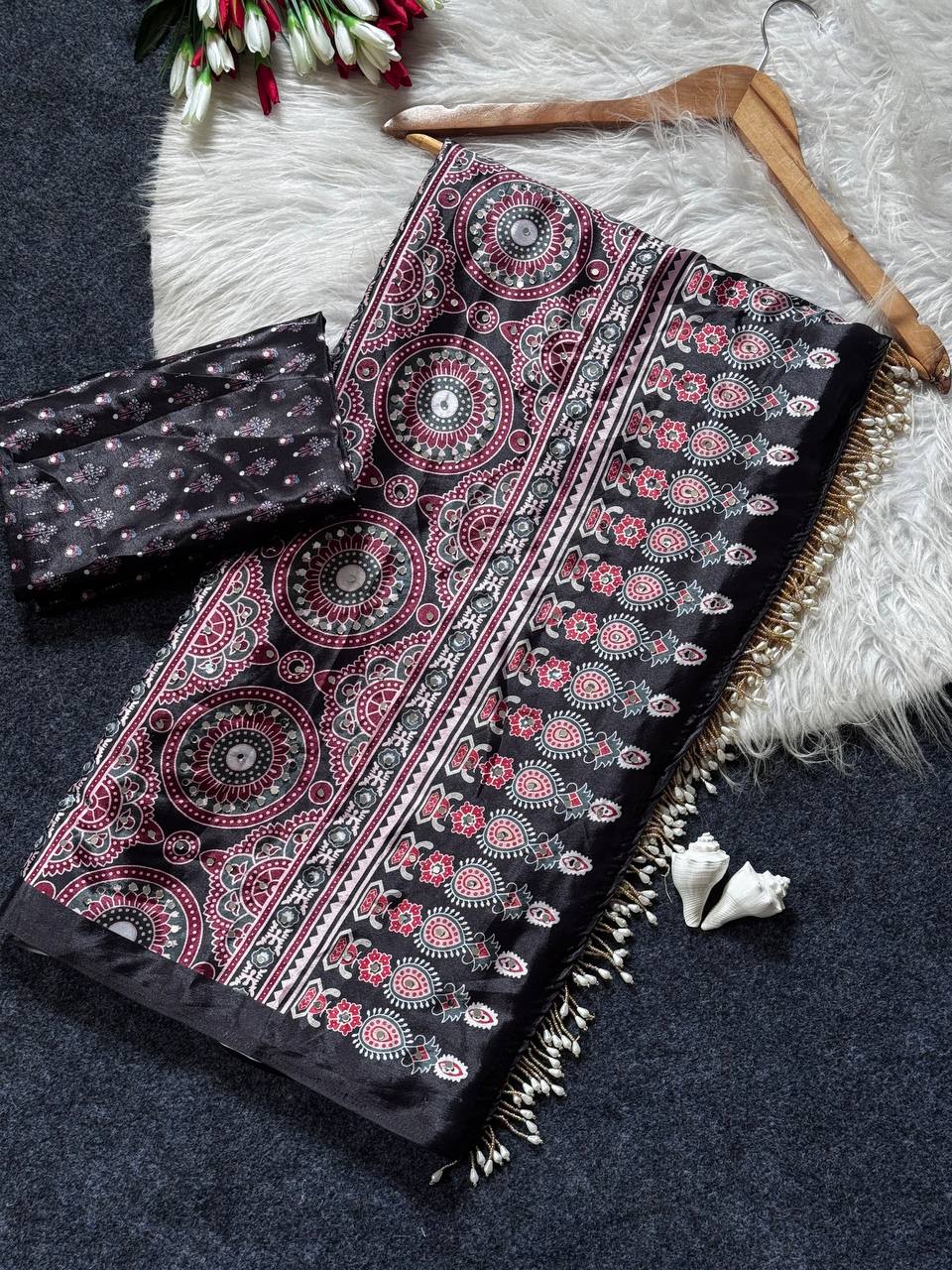 Ajrakh Print Black Satin Saree with Mirror Work