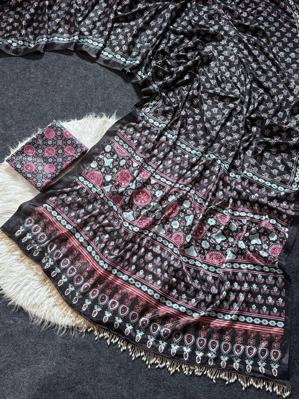 Ajrakh Print Black Satin Saree with Mirror Work