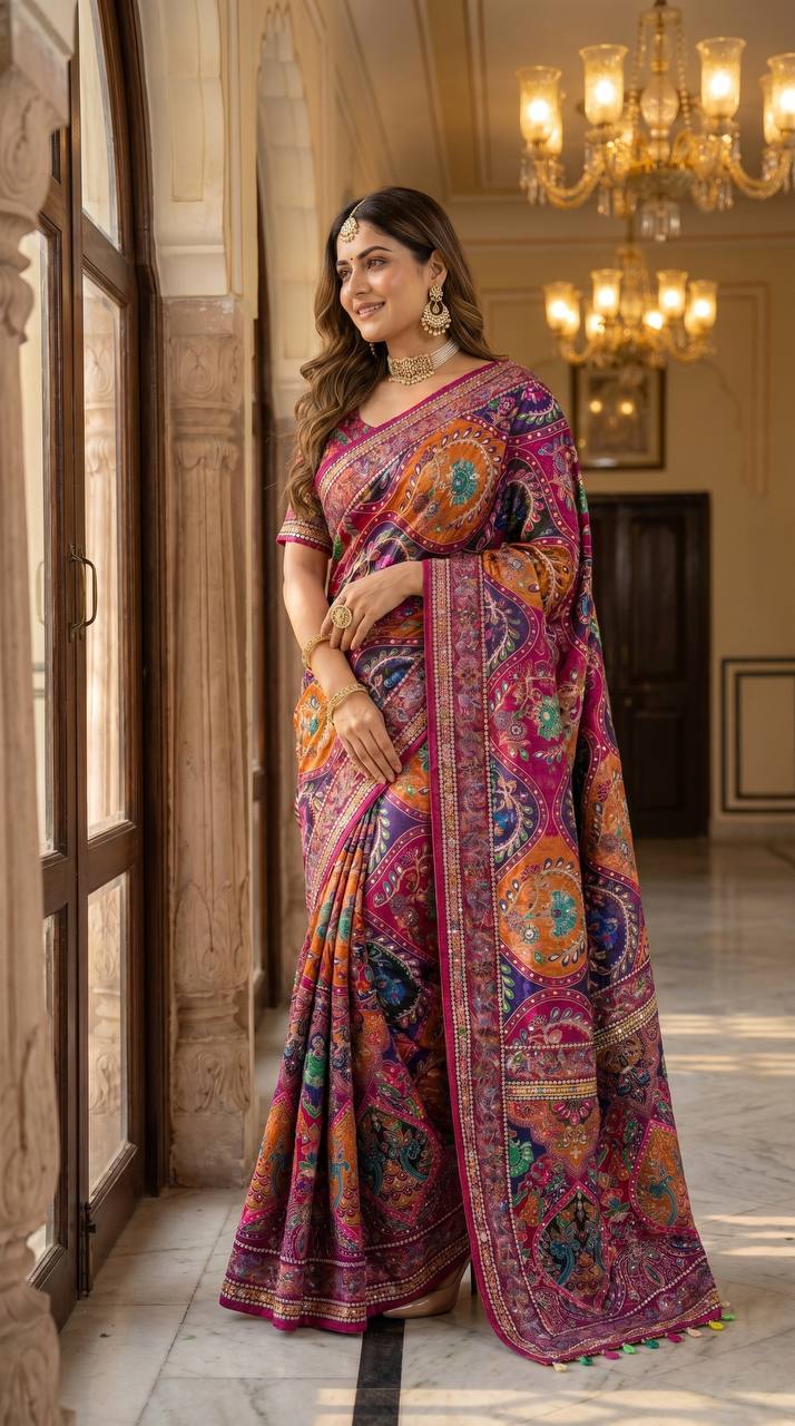 Women's Multicolor Soft Satin Digital Print Saree with Ethnic Paisley Design & Fancy Latkan Pallu