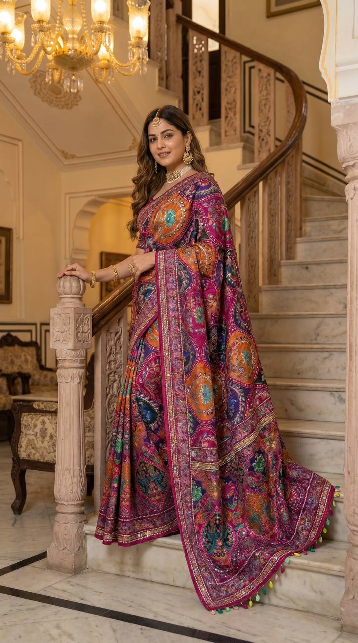 Women's Multicolor Soft Satin Digital Print Saree with Ethnic Paisley Design & Fancy Latkan Pallu