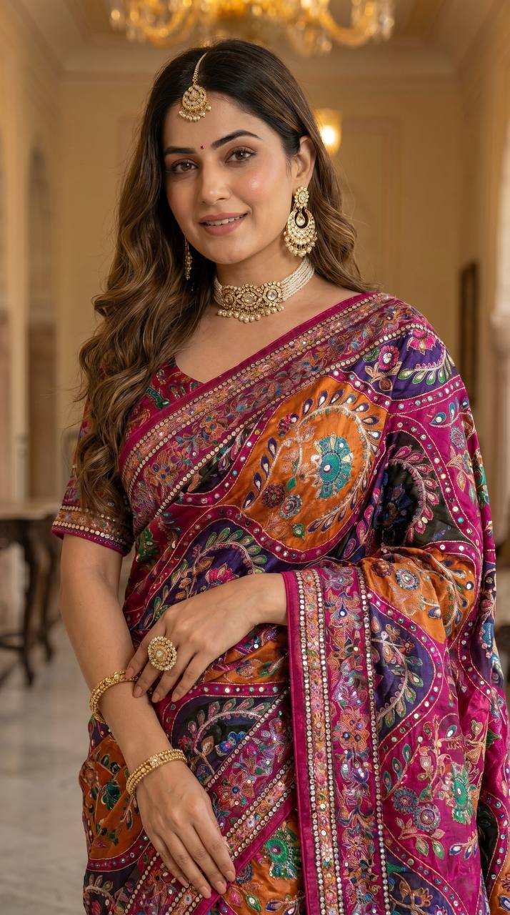 Women's Multicolor Soft Satin Digital Print Saree with Ethnic Paisley Design & Fancy Latkan Pallu