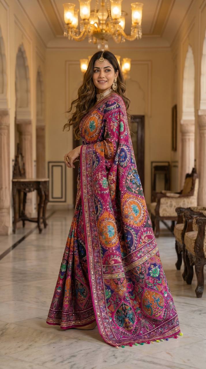 Women's Multicolor Soft Satin Digital Print Saree with Ethnic Paisley Design & Fancy Latkan Pallu