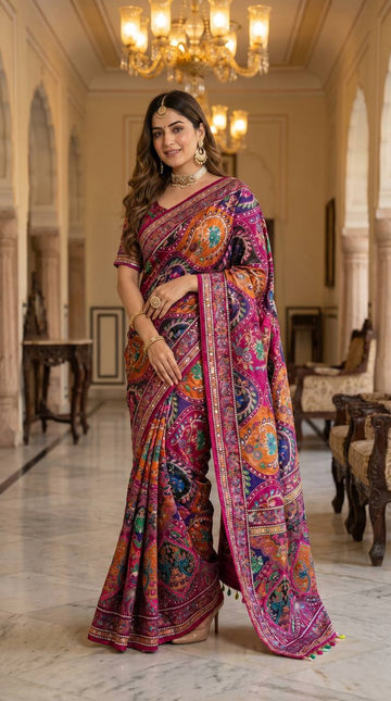 Women's Multicolor Soft Satin Digital Print Saree with Ethnic Paisley Design & Fancy Latkan Pallu