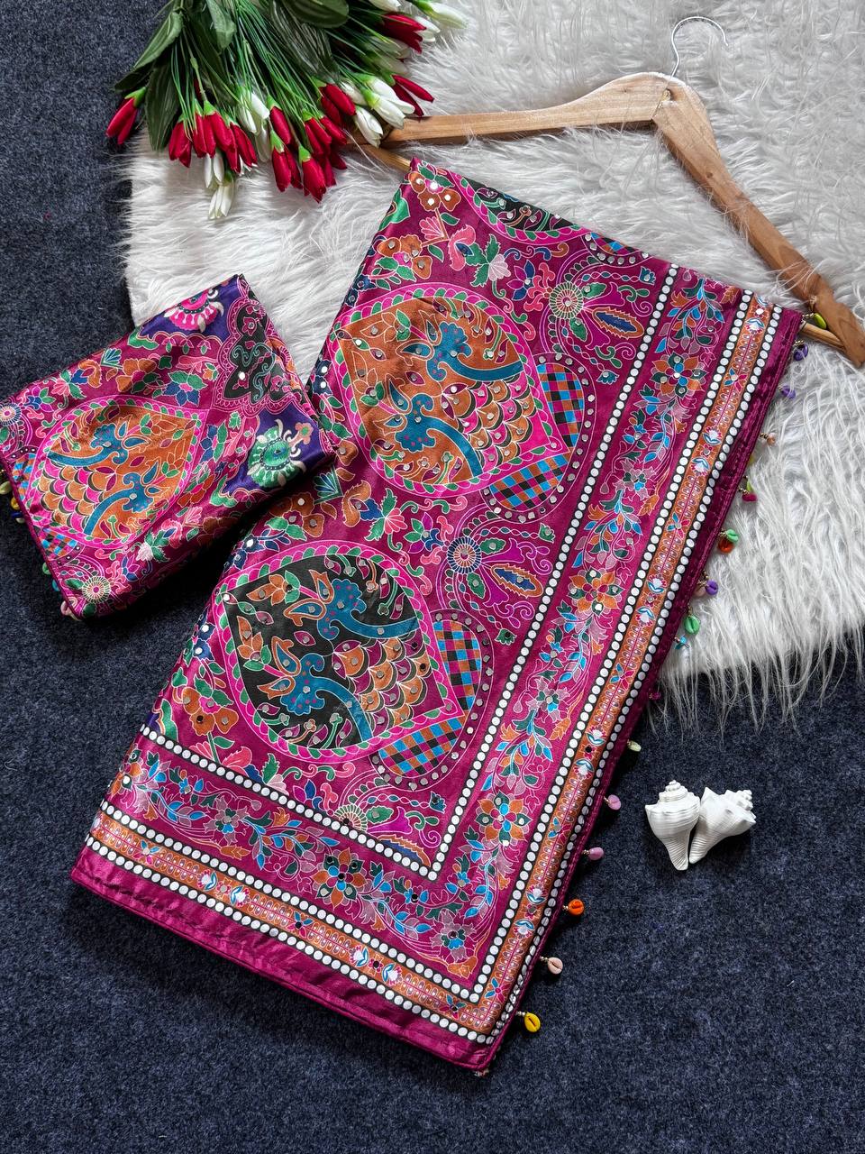Women's Multicolor Soft Satin Digital Print Saree with Ethnic Paisley Design & Fancy Latkan Pallu