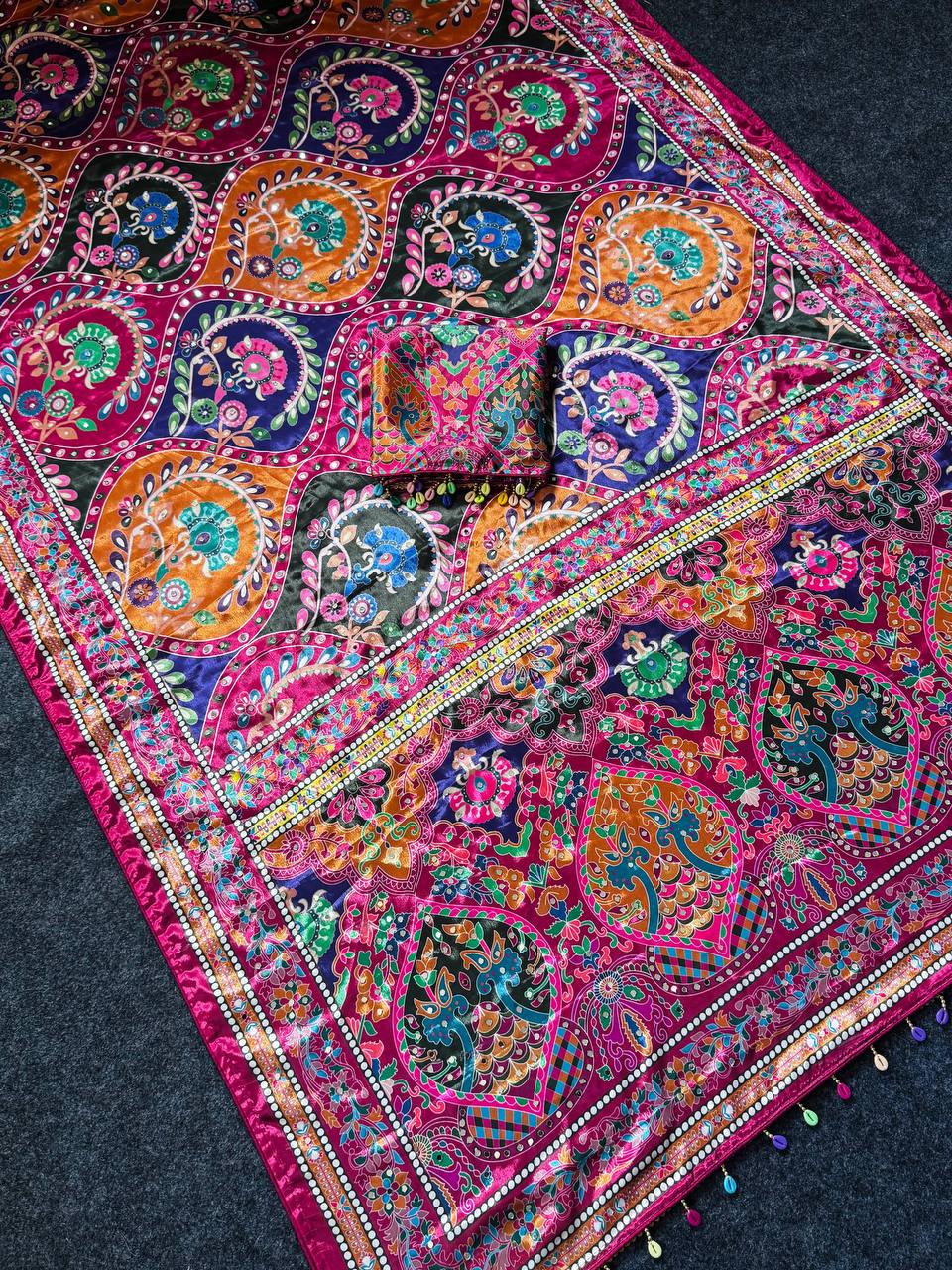 Women's Multicolor Soft Satin Digital Print Saree with Ethnic Paisley Design & Fancy Latkan Pallu