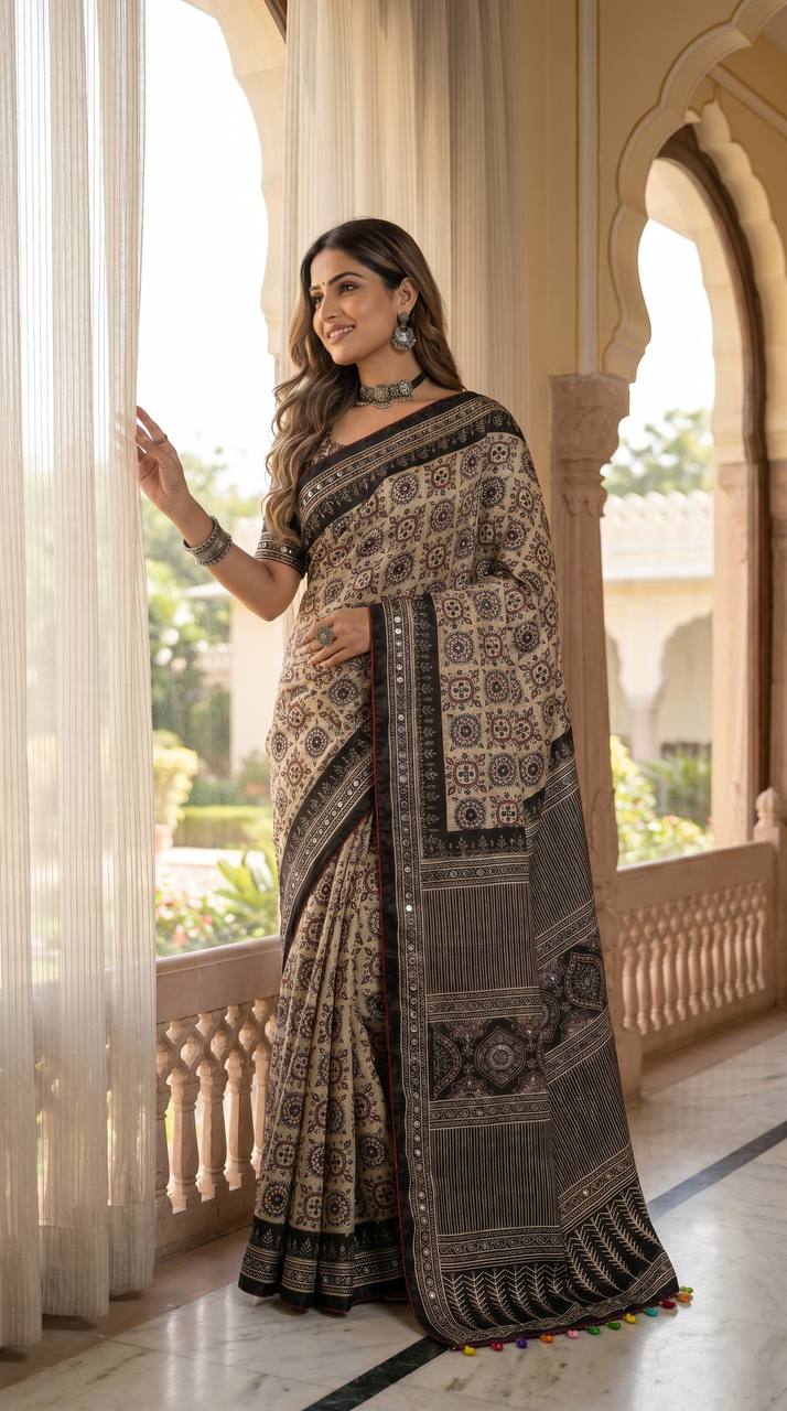 Ajrakh Print Beige Satin Saree with Mirror Work