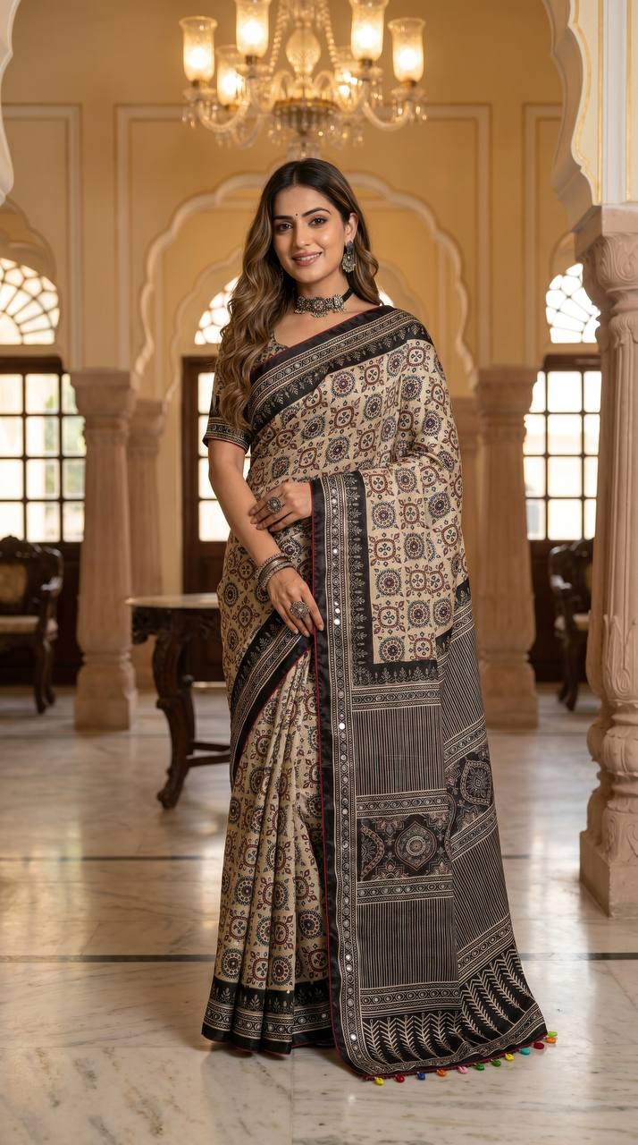 Ajrakh Print Beige Satin Saree with Mirror Work