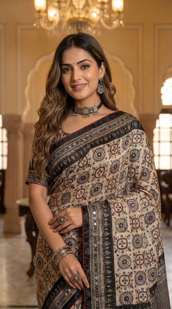 Ajrakh Print Beige Satin Saree with Mirror Work