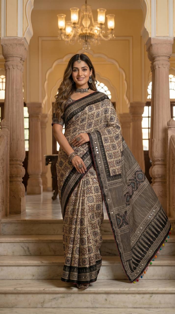 Ajrakh Print Beige Satin Saree with Mirror Work
