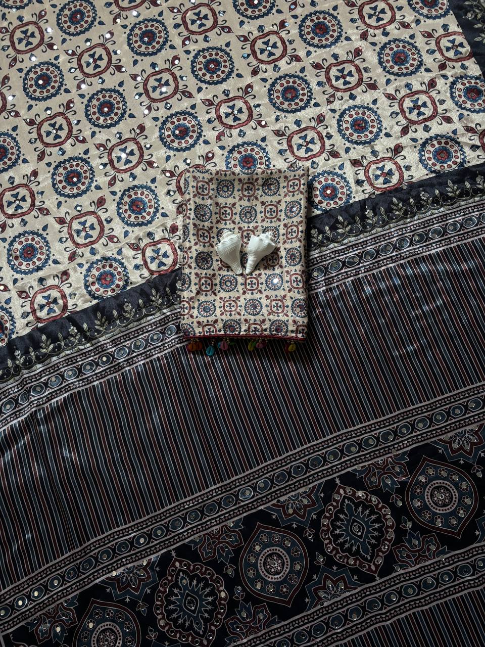 Ajrakh Print Beige Satin Saree with Mirror Work