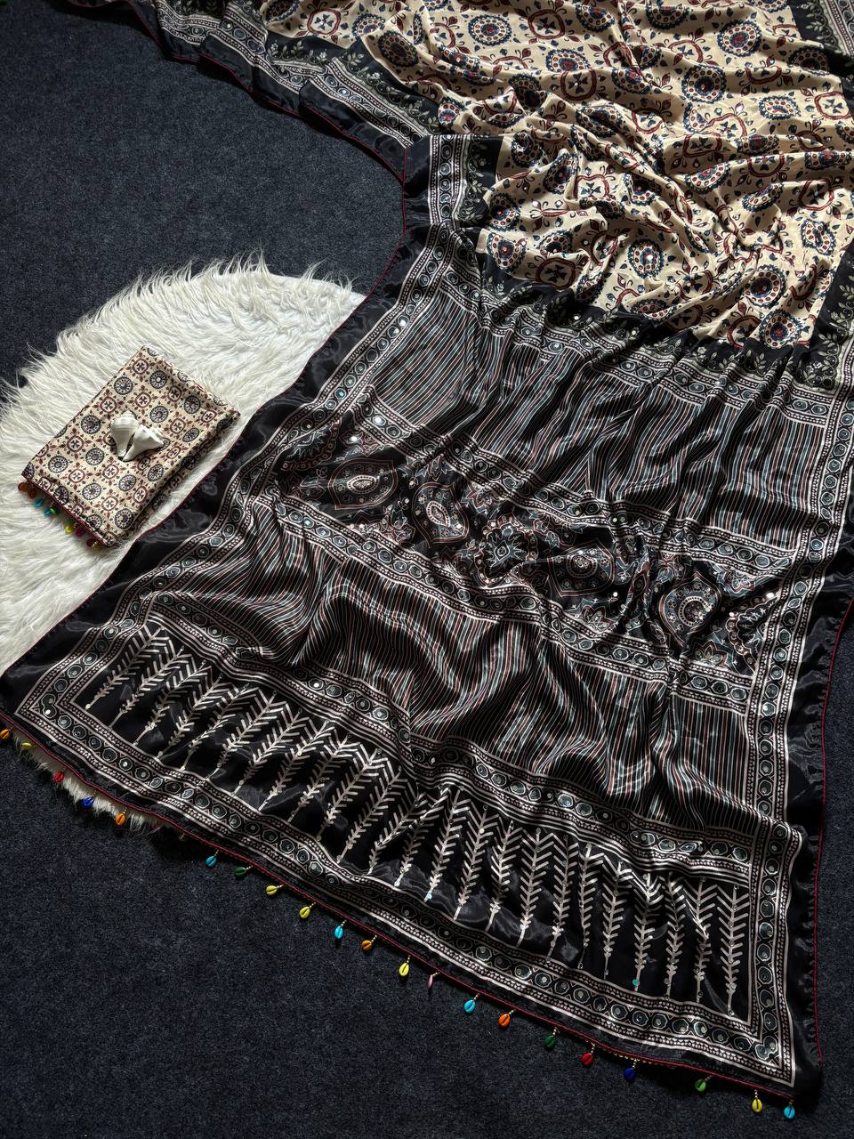Ajrakh Print Beige Satin Saree with Mirror Work