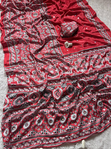 Ajrakh Print Radiant Red Semi Model Silk Saree with Real Mirror Work