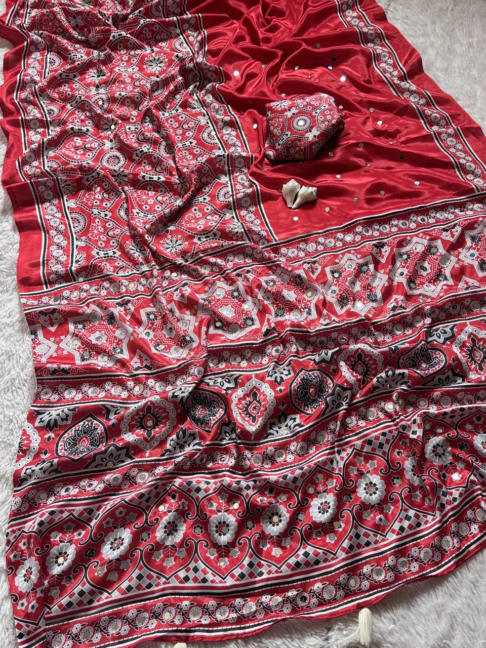 Ajrakh Print Radiant Red Semi Model Silk Saree with Real Mirror Work