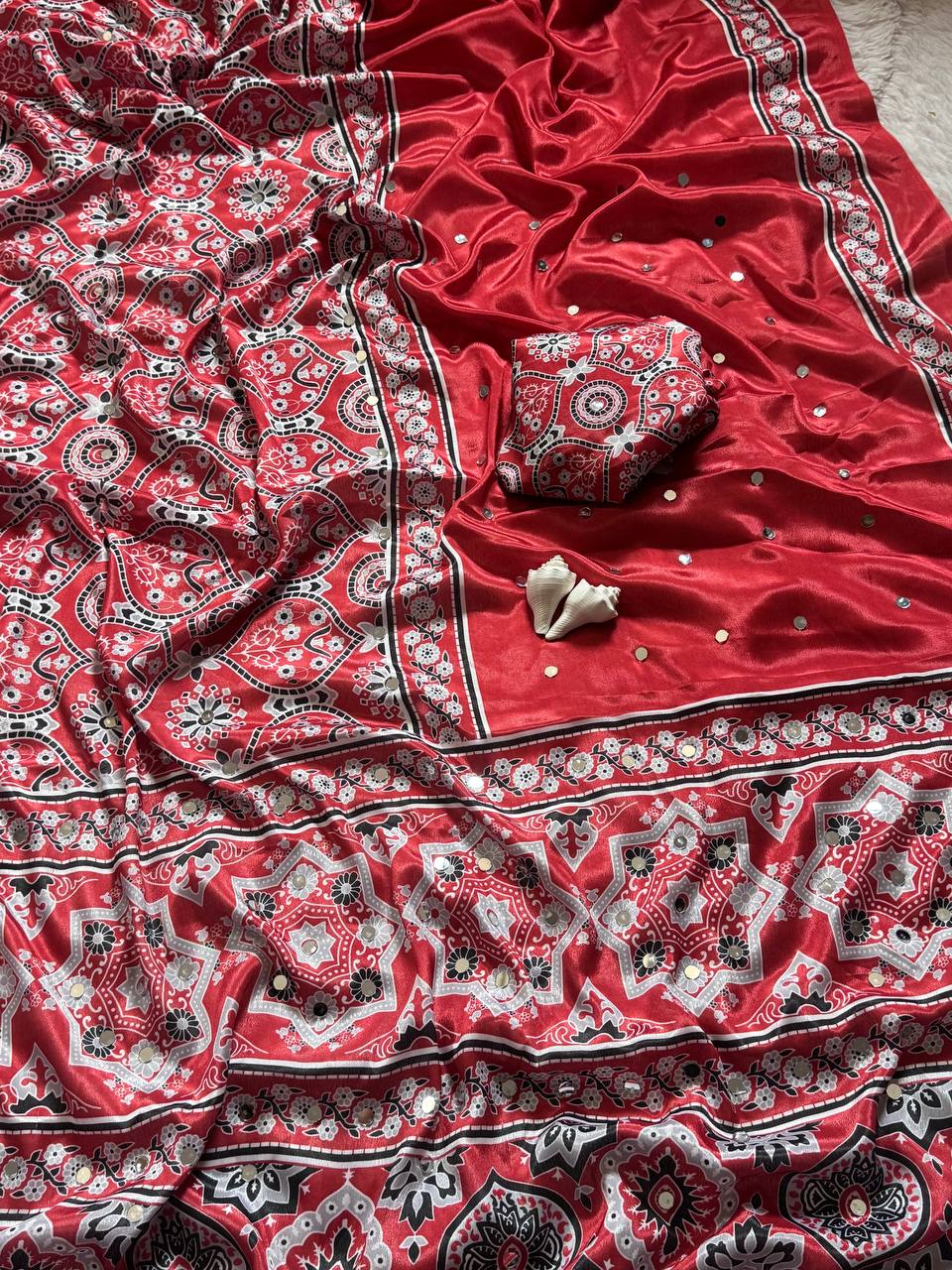 Ajrakh Print Radiant Red Semi Model Silk Saree with Real Mirror Work