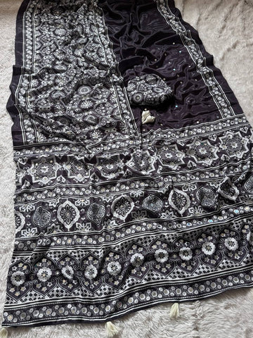 Ajrakh Print Classic Black Semi Model Silk Saree with Real Mirror Work