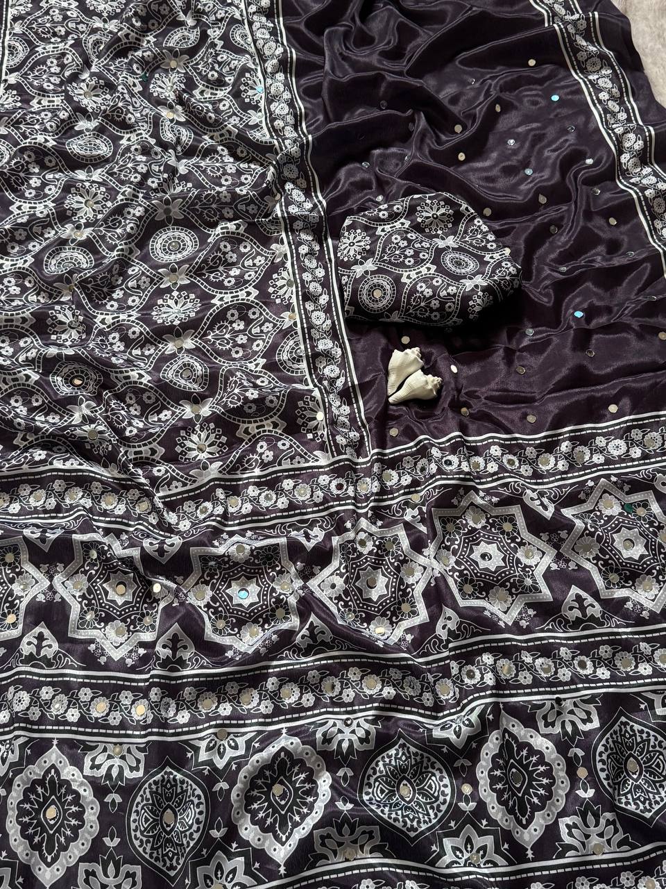 Ajrakh Print Classic Black Semi Model Silk Saree with Real Mirror Work