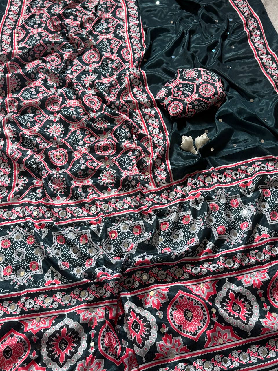 Ajrakh Print Elegant Forest Green Semi Model Silk Saree with & Real Mirror Work