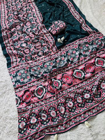 Ajrakh Print Elegant Forest Green Semi Model Silk Saree with & Real Mirror Work