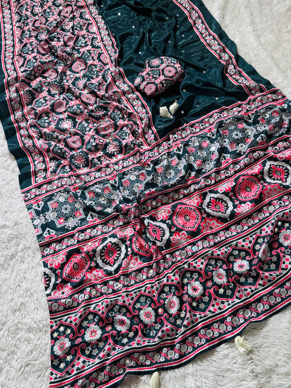 Ajrakh Print Elegant Forest Green Semi Model Silk Saree with & Real Mirror Work