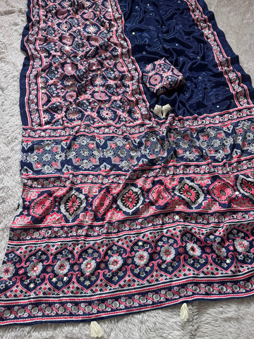 Ajrakh Print Elegant Navy Blue Semi Model Silk Saree with Real Mirror Work