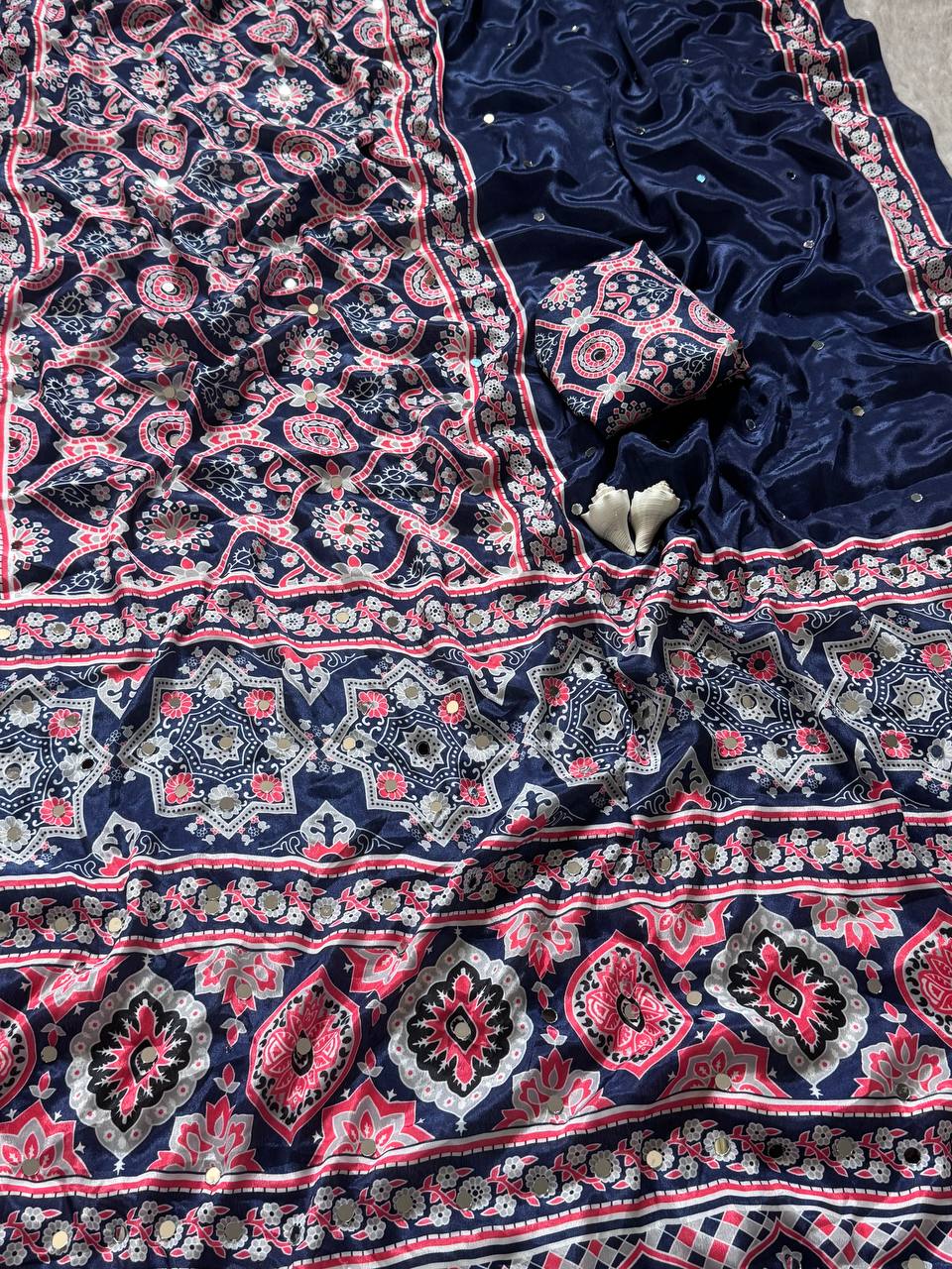 Ajrakh Print Elegant Navy Blue Semi Model Silk Saree with Real Mirror Work
