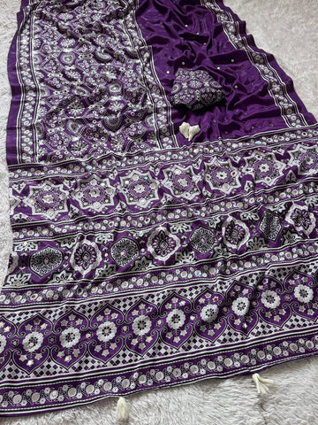 Ajrakh Print Royal Purple Semi Model Silk Saree with Real Mirror Work