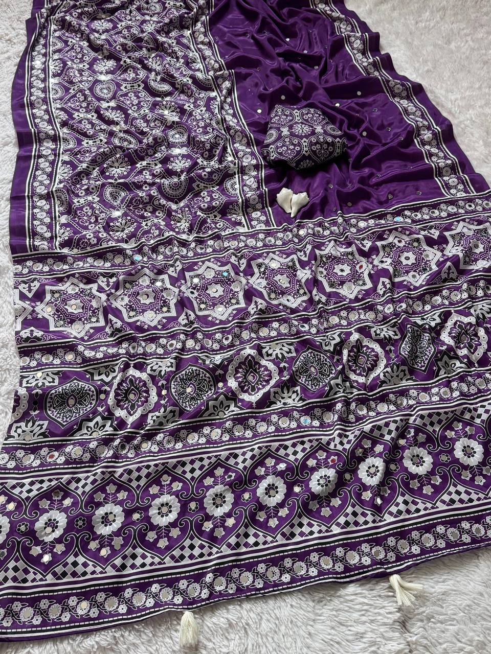 Ajrakh Print Royal Purple Semi Model Silk Saree with Real Mirror Work
