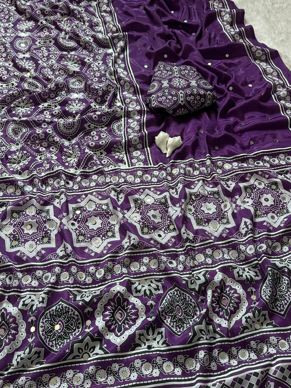 Ajrakh Print Royal Purple Semi Model Silk Saree with Real Mirror Work