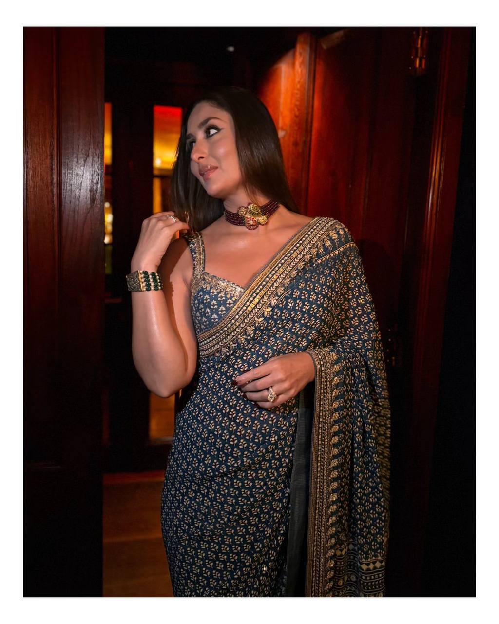Ajrakh Saree Traditional Navy with Contemporary Mirror Detailing